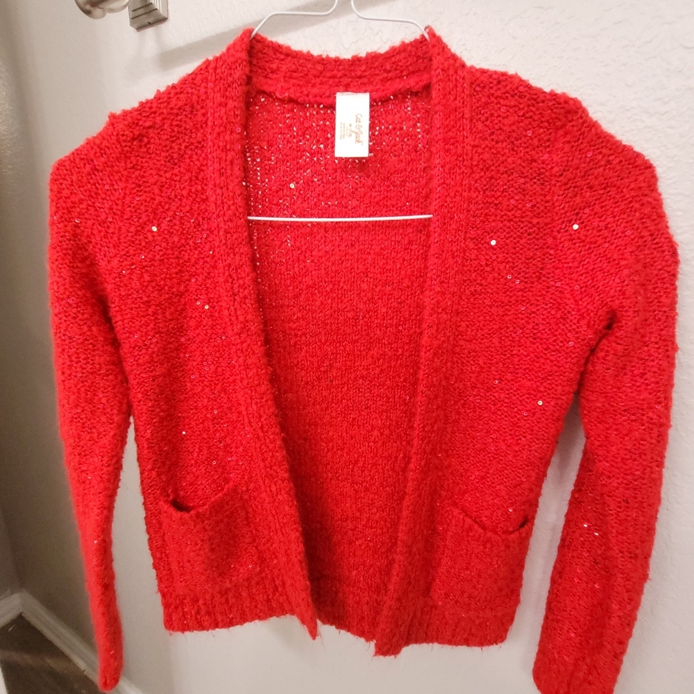 Girls Red Sequin cardigan with pockets